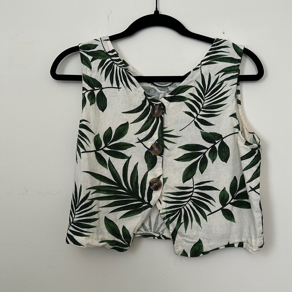 White and green palm linen crop top